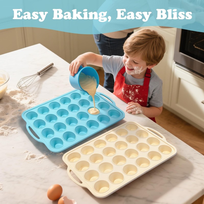Silicone Mini Muffin Pan with Frame: 24 Cups-2 pcs, Mint Green & Beige gallery