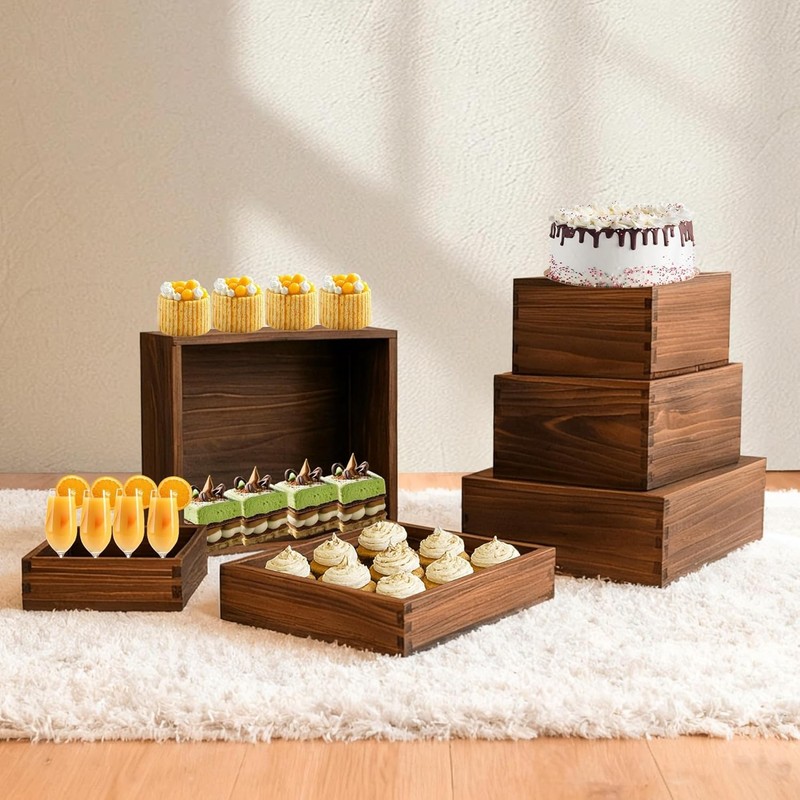 6-Pack Wood Risers Display Stands Multi-Height Food Risers Buffet Table Rustic gallery