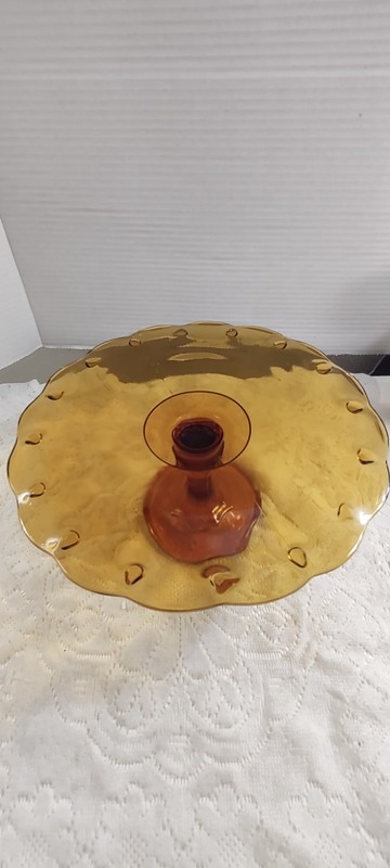 Vintage Amber Teardrop Scallop Indiana Glass Pedestal Cake Plate/Stand Pie MCM gallery