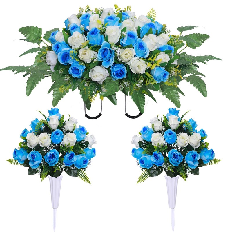 Lodou 3 Pcs Cemetery Headstone Flower Saddle w/ Vase – Blue White Rose Memorial