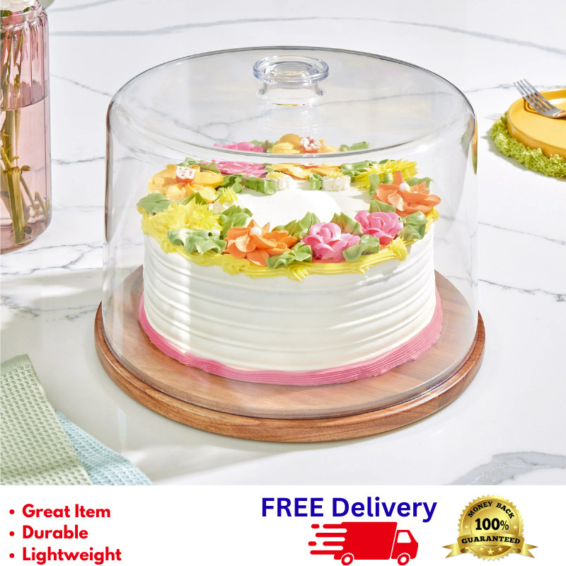 Acacia Wood Cake Plate Stand With Shatterproof Plastic Dome Lid