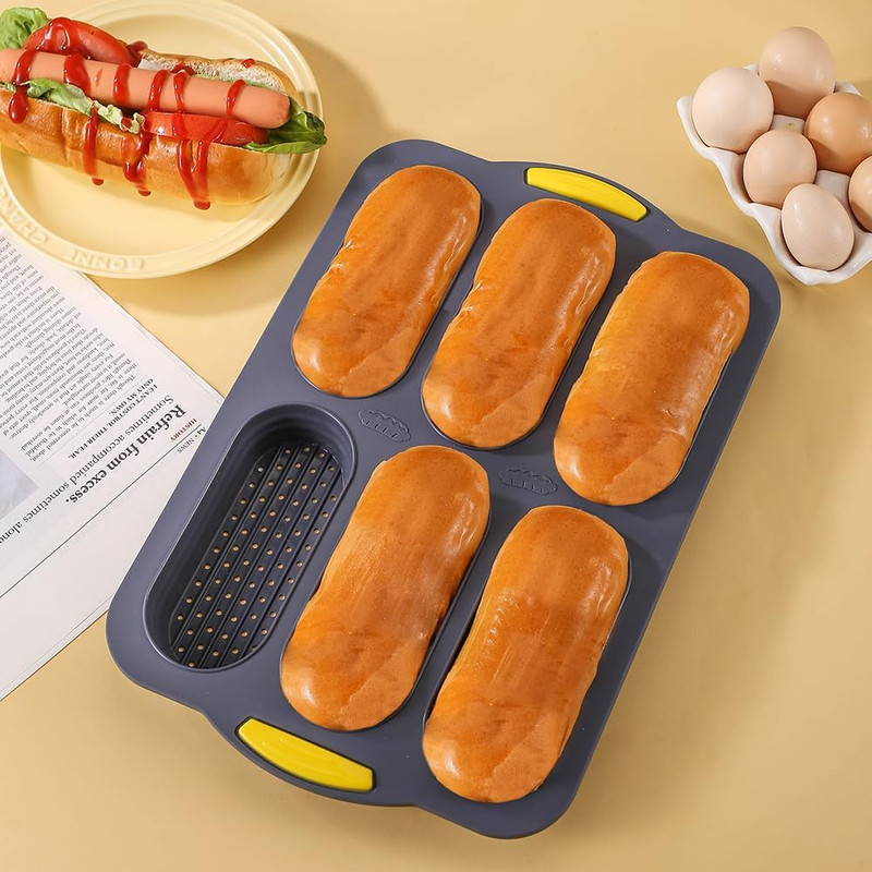 Hot Dog Bun Pan,6 Cavity Bread Loaf Pan,Silicone Hotdog Bun Mold,Nonstick & Heat gallery