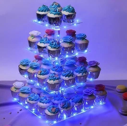 4-Tier Blue Acrylic Pastry Stand with Decorative LED Lights for Celebrations gallery