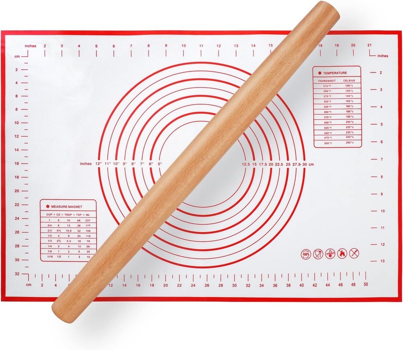 Wood French Rolling Pin for Baking, QUELLANCE Wooden Dough Roller with Red