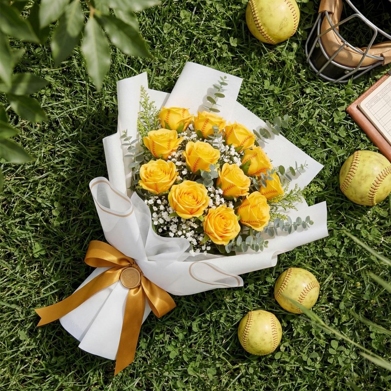 Hotop 12 Pcs Bloom Softball Roses Leaves Artificial Yellow Rose Bouquet For gallery