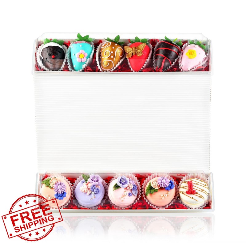 SLShePack 50 Macaron Boxes, Chocolate Strawberry Clear Lid Bakery Boxes 12″ L