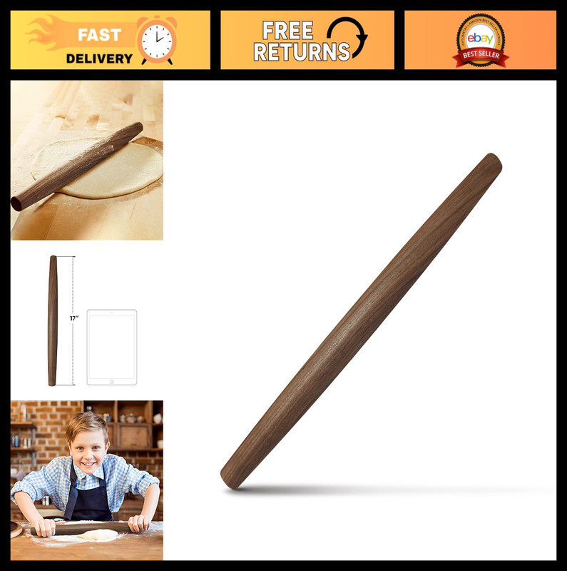 17″ Wooden French Rolling Pin – Tapered Dough Roller for Pastry, Cookie, Fondant
