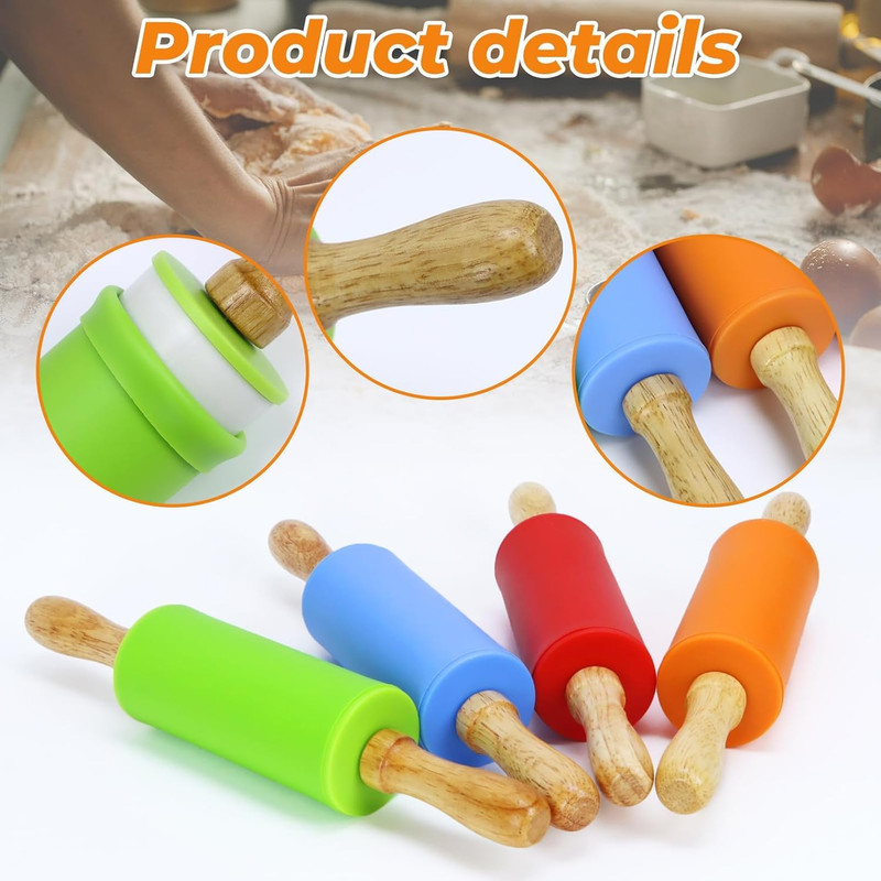 4 Pack Mini Rolling Pin for Kids, 9 Inch Wooden Handle Rolling Pin Non-Stick Sil gallery