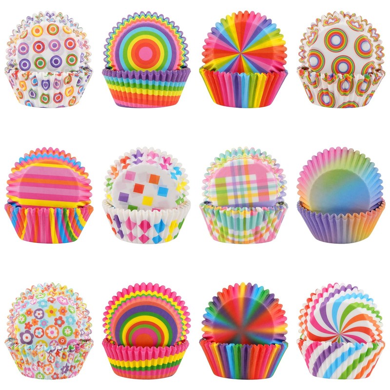 600 PCS Rainbow Cupcake Liners Baking Cups Standard Muffin 12 Styles Decor