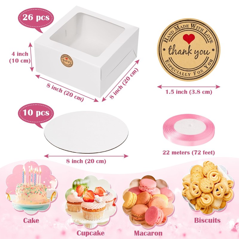 26 PCS 8x8x4 Inch White Bakery Cake Box With Window For Pastry Cookie gallery
