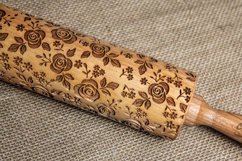 Roses Engraved Rolling Pin Embossed Dough Roller Carved Woоden Rolling Mold gallery