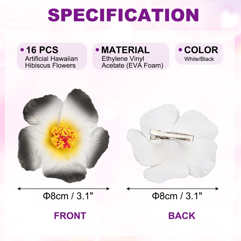 16 Pcs Hawaiian Hibiscus Flowers Artificial Flowers Hair Clip DIY White/Black gallery