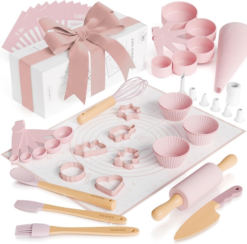 Kids Baking Set with Real Kitchen Utensils 43 Pieces Pink Food-Grade Silicone