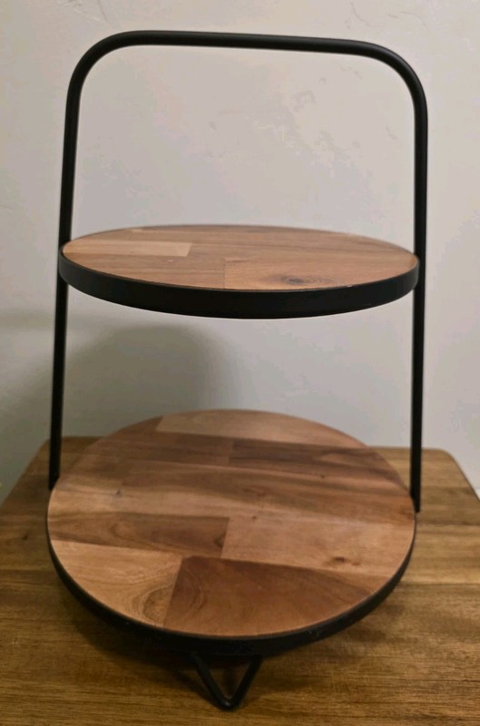 HEARTH & HAND MAGNOLIA 2 Tier Wood & Black Metal Cake Stand Round Display EUC