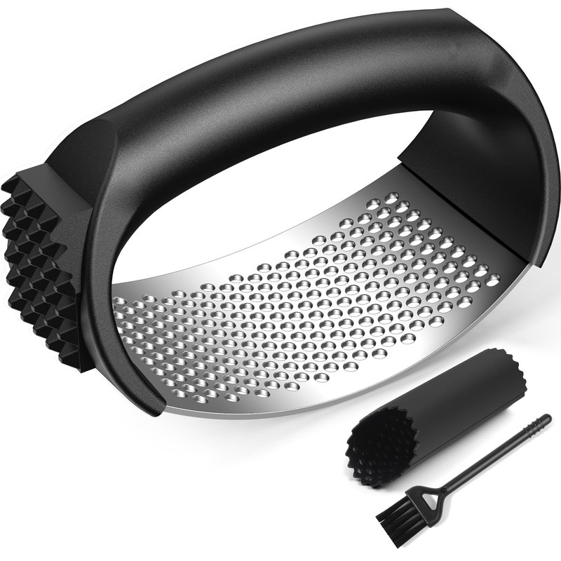 Garlic Press Rocker Set with Peeler & Cleaning Standard, Deep Black