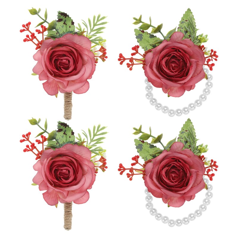 4 Pcs Rose Wrist Corsage and Boutonnieres Set, Wedding Flower Wristlet Rose Red