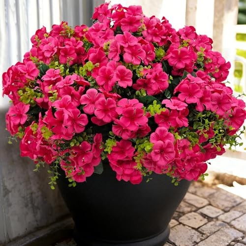 Artificial Geranium Flowers for Outdoor Decoration, 6 Bundles UV Rose Red