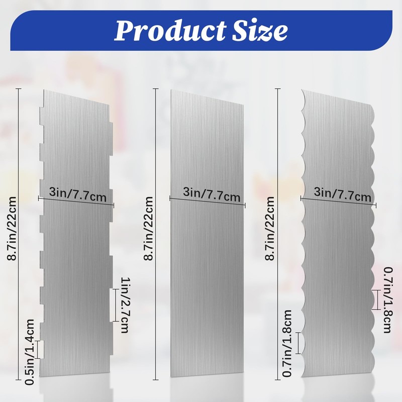3 Pcs Stainless Steel Cake Scraper, 8.6-inch Double Sided Patterned Edge Stri... gallery