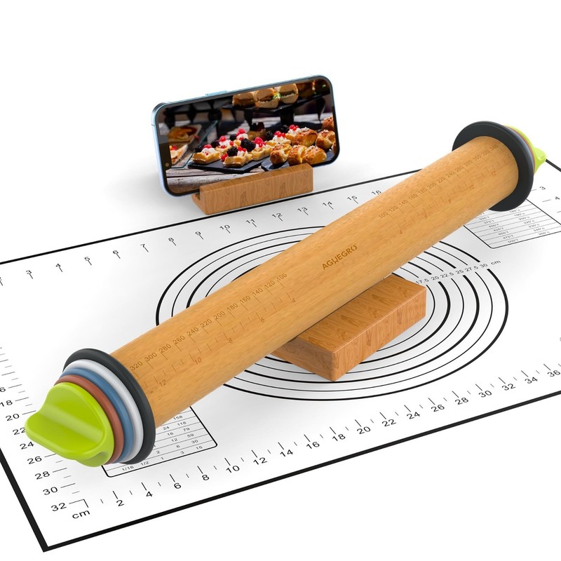 Adjustable Rolling Pin with Thickness Rings & Baking Mat - 13.6" for Pizza, Cook gallery