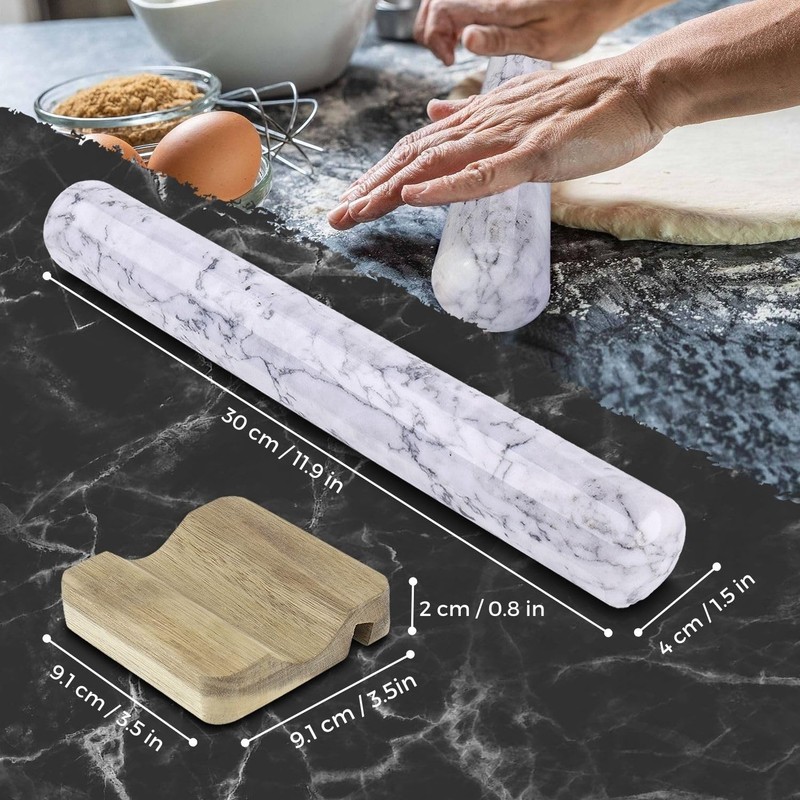 French Rolling Pin, 12 Inch White Marble Rolling Pins for Baking with Wooden ... gallery
