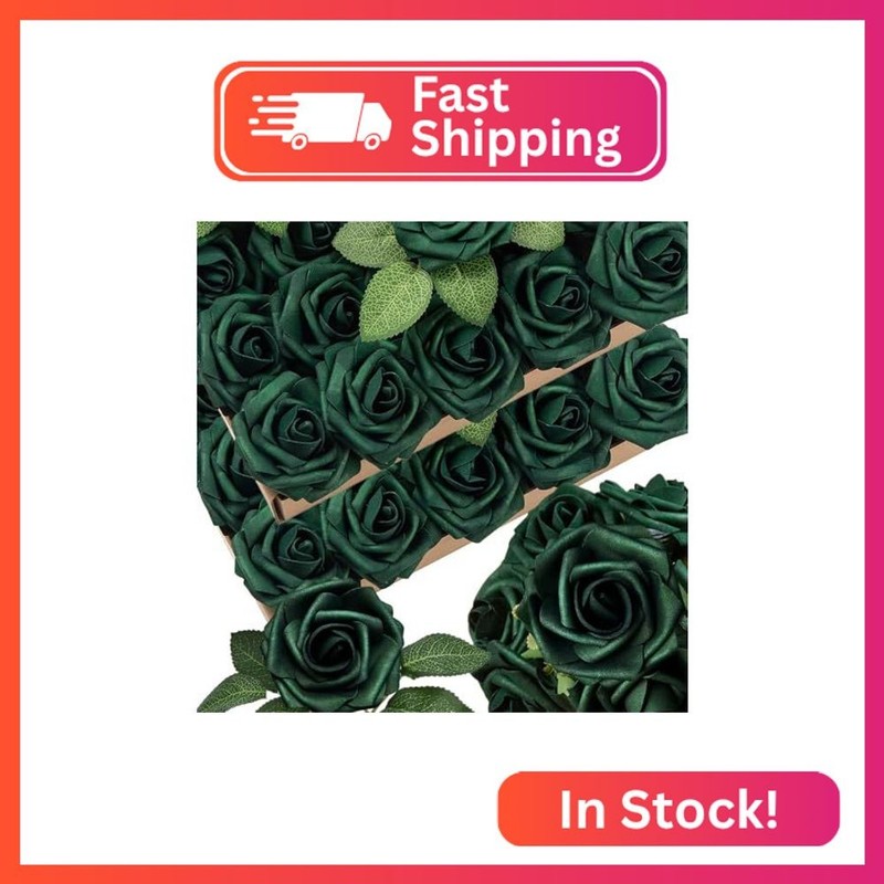 50pcs Emerald Green Artificial Flowers Foam Fake Dark Hunt Green Rose with Stems