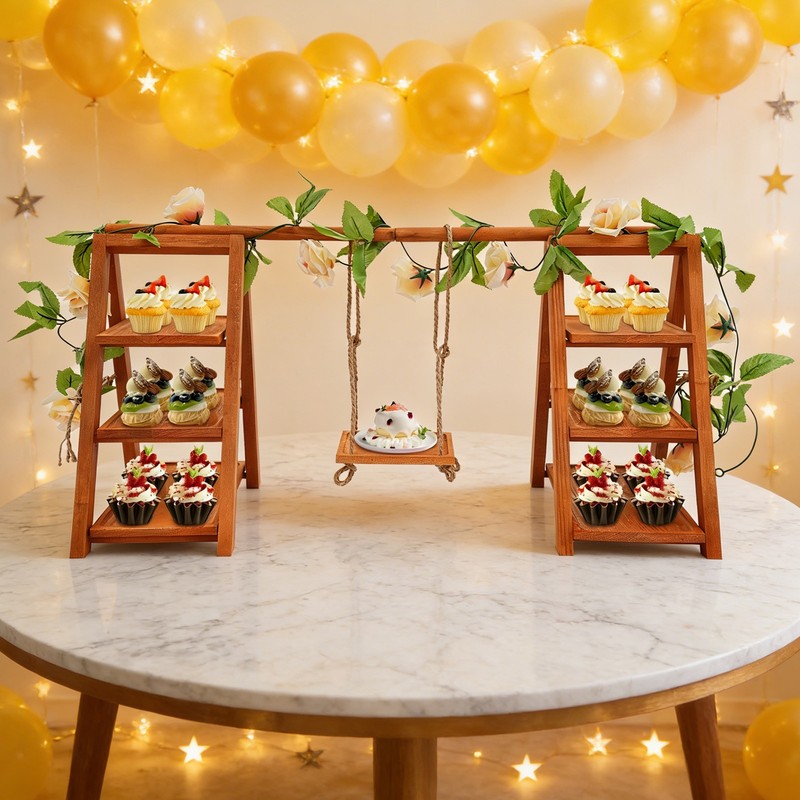 3-Tier Wooden Cupcake Stand, Dessert Display Stand with Swing and Flower Decorat