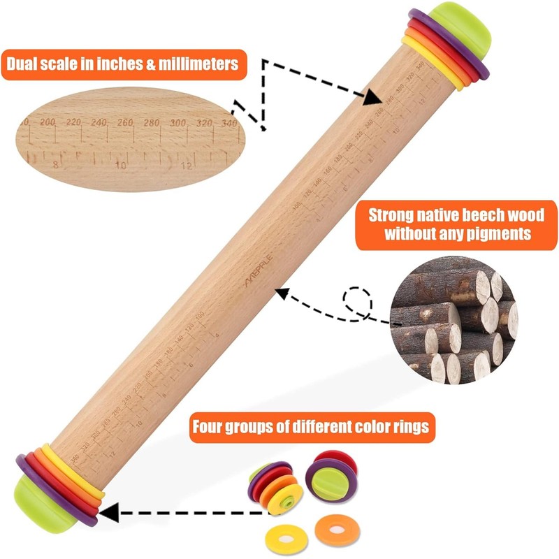 13.6x2.5x2.5 Inch Adjustable Wooden Rolling Pin 4 Removable Thickness Rings gallery