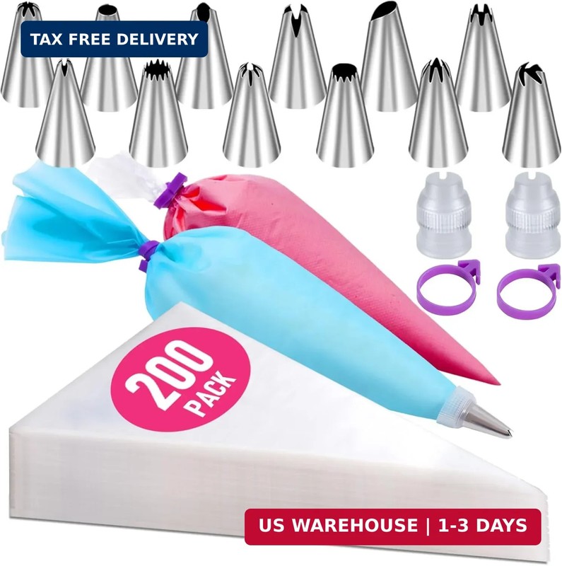 200Pcs Piping Bags and Tips Set, 12 Inch Pastry Bags, Cakes Decorating Kit Suppl