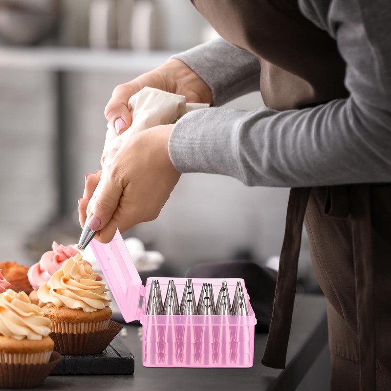 2 PCS Pink Piping Tip Box Fixed Pins 84 Tip Organizer Baking Storage Case gallery