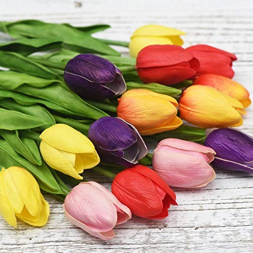 Real Touch Tulips Artificial Flowers – 15 Stems Faux Tulip Bouquet #9 Rainbow gallery