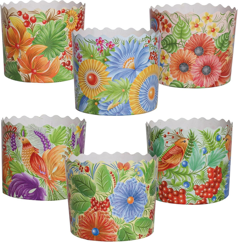 15oz Large Panettone Paper Kulich Molds with Petrikovka Design 12pcs H 3.54″ x W
