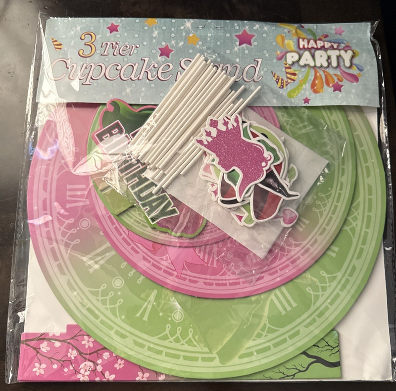 Princess & Witch Cupcake Stand W Cupcake Toppers 3 Tiers Pink & Green NEW gallery