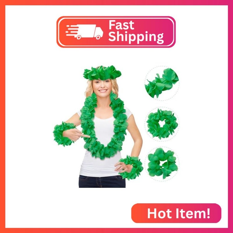 GHGMAO Hawaiian Flower Leis Luau Wreath Set, Green Leis for Halloween Costume Tr gallery