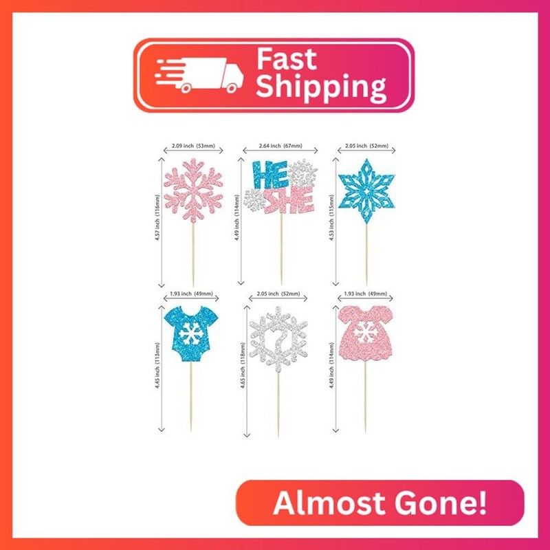 24Pcs Snowflake Gender Reveal Cupcake Toppers Pink Blue Glitter He or She Snowfl gallery