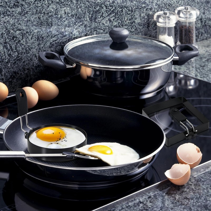 2-Pack Round+Square Egg Rings Set with Silicone Handle, Stainless Steel Egg C... gallery