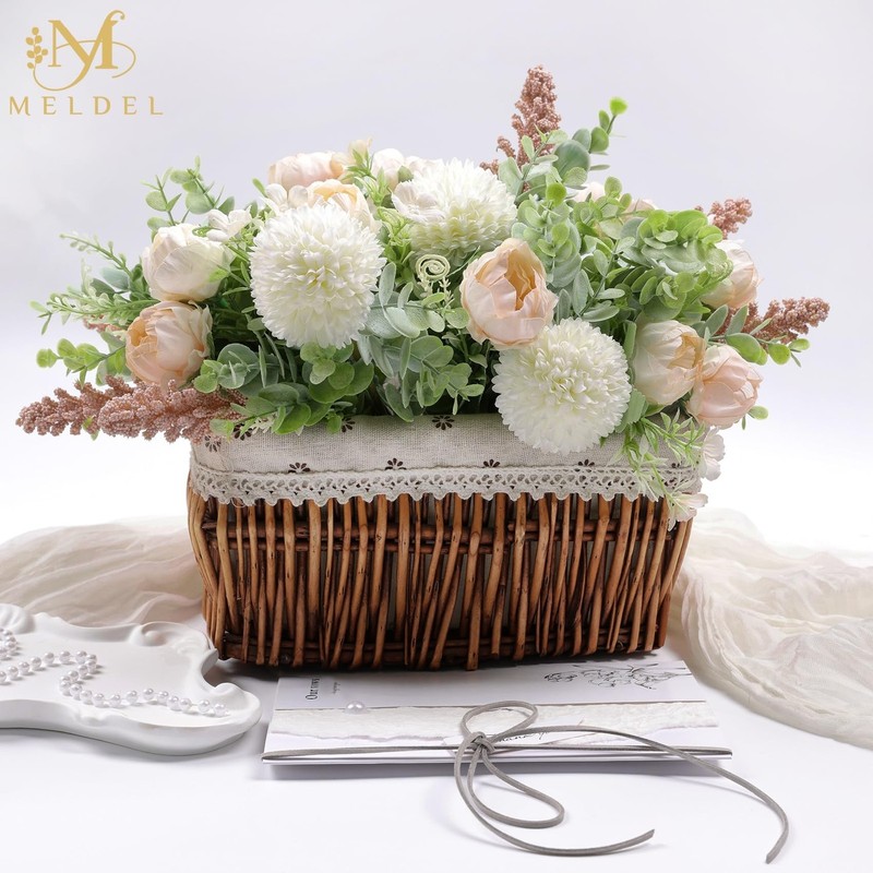 Meldel 3Pcs Rose Bouquet Light Champagne Artificial Flowers Peony Eucalyptus gallery