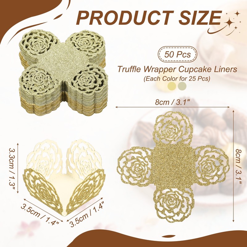 50Pcs 1.4x1.4" Glitter Rose Truffle Wrapper Cupcake Liners, Cyan Gold/Yellow gallery
