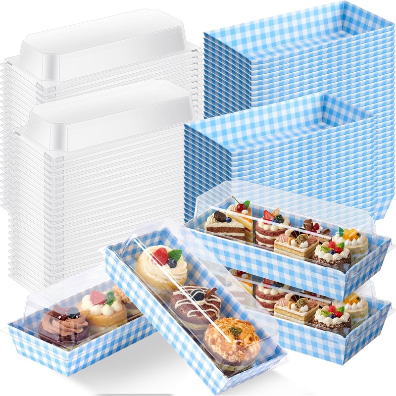 50 Pack Blue Plaid Cookie and Snack Boxes with Clear Lids Disposable Dessert …