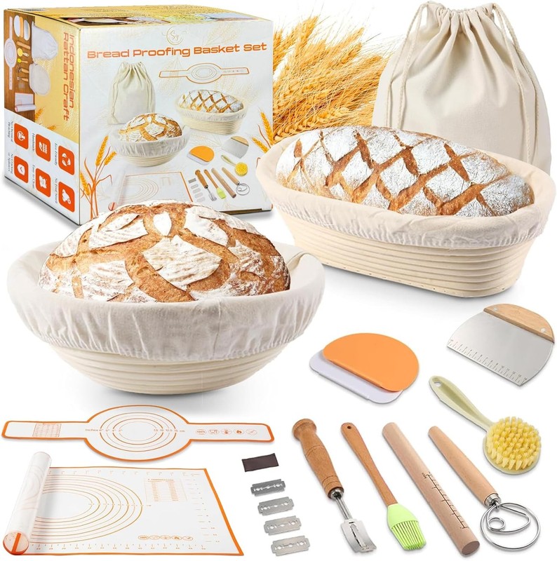 Banneton Bread Proofing Basket Set, 9″ Round & 10″ Oval Bread Baskets with