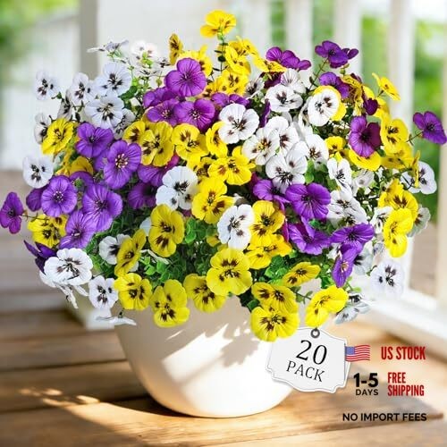 Artificial Fake Pansy Flowers for Outdoors, Faux 20 Pcs Purple, Yellow, White