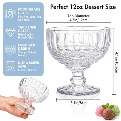 6 Pack Vintage Embossed Glass Dessert Cups, 12oz Footed Sundae Glasses for gallery
