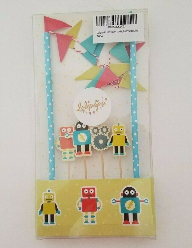 Robot Cupcake Treat Picks & Cake Topper Kit Flag Bunting Birthday Baby Shower gallery