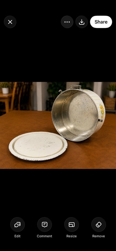 Round Metal Cake Carrier Floral Pattern White/Yellow Lid w/ Handle gallery