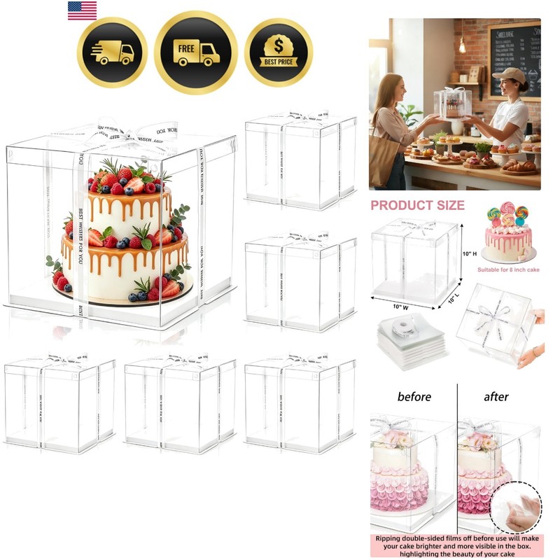 6 Pcs Clear Cake Box with Ribbon 2-Layer 10x10x10 Inch, Transparent Cake Carr…