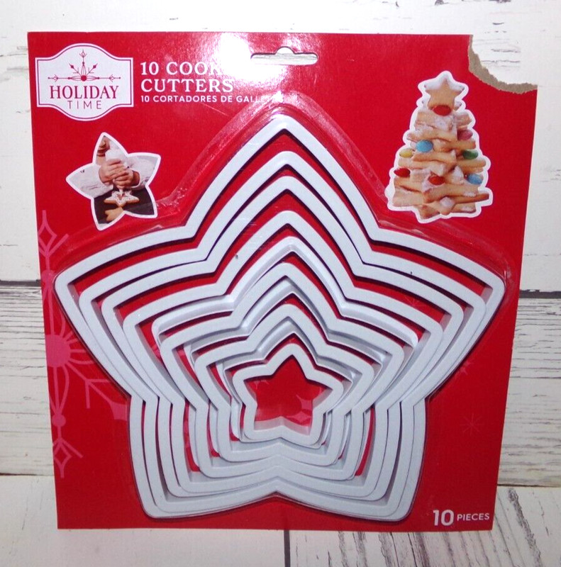 New Holiday Time 10 pc Christmas Cookie Cutters Stars Makes a tree when stacked