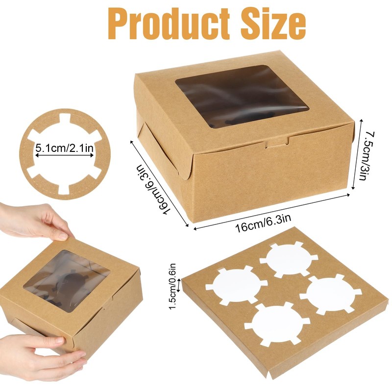 50 Pcs Cupcake Boxes 4 Count Containers 6x6x3 Inch Brown Bulk Muffins Pastry gallery