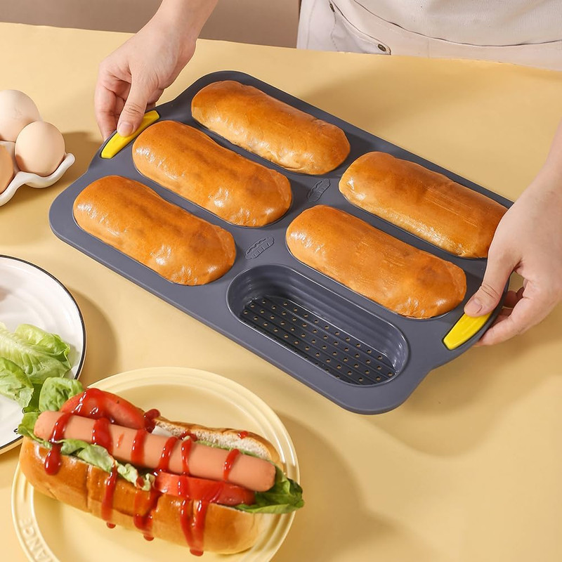 Hot Dog Bun Pan,6 Cavity Bread Loaf Pan,Silicone Hotdog Bun Mold,Nonstick & Heat gallery