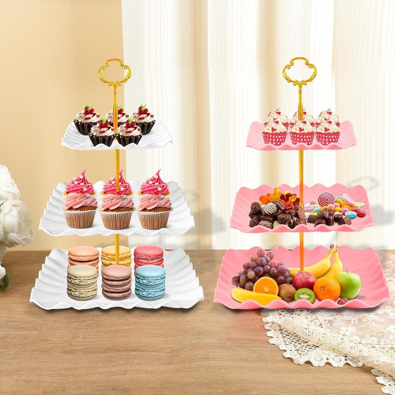 10 Pack Dessert Table Display Set 4 Three-Tier Square Cupcake Stands & 6 Serving gallery
