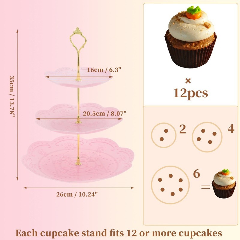 3 Tier Cupcake Stand Holder Round Tower for Donuts Pink Gold Tone gallery