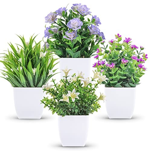 Pack Small Fake Plants Mini Artificial Faux Plants Indoor with Flowers 4 gallery